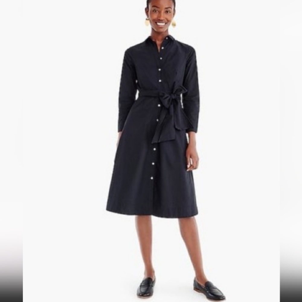 NWOT J. Crew Tie Waist Black Cotton Poplin Shirt Dress Size 6
